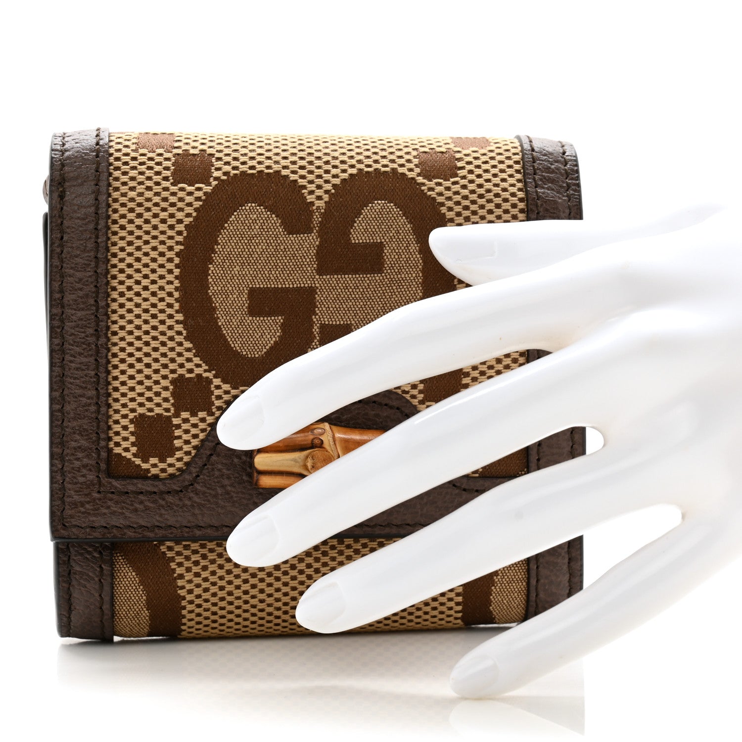 Gucci Monogram Jumbo GG Textured Dollar Calfskin Diana Compact Wallet Camel Ebony New Acero 2 of 8