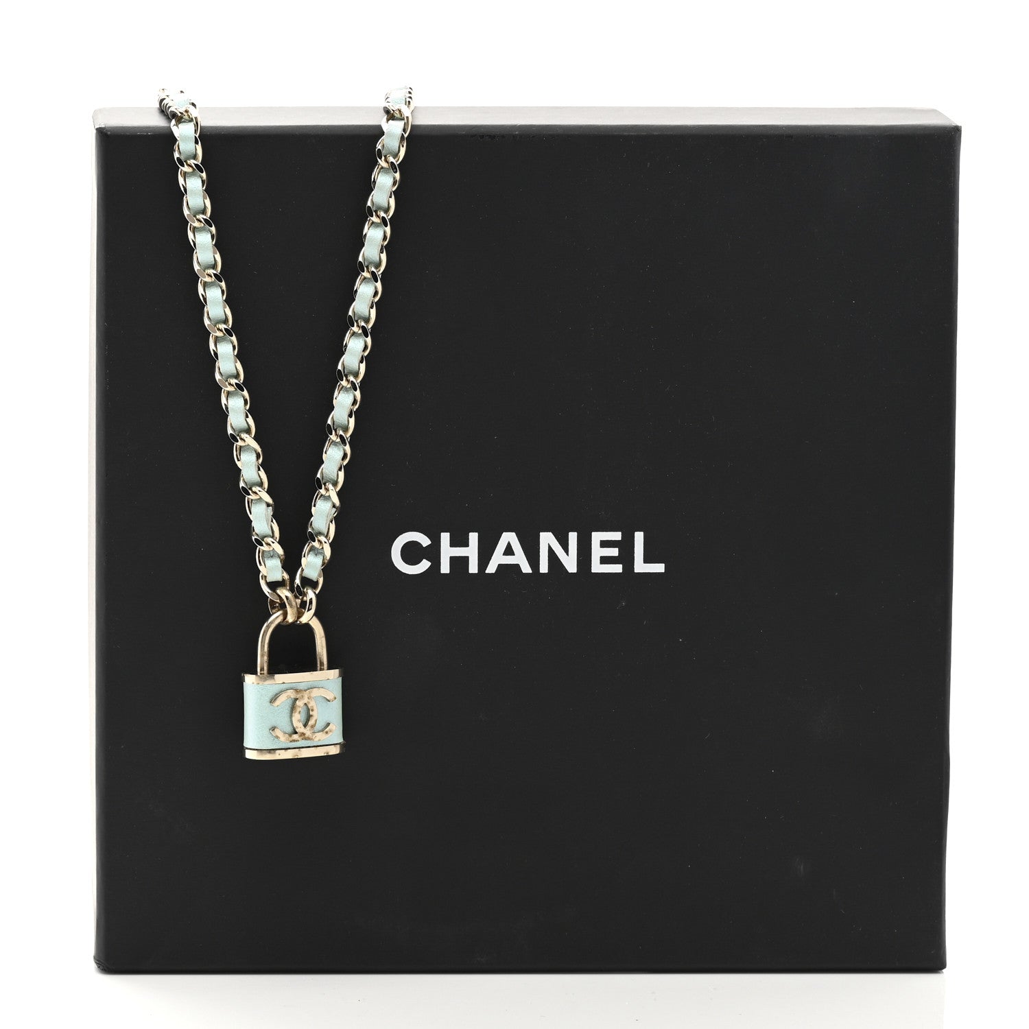 Chanel Calfskin Metal Padlock Necklace Gold Iridescent Blue 7 of 7