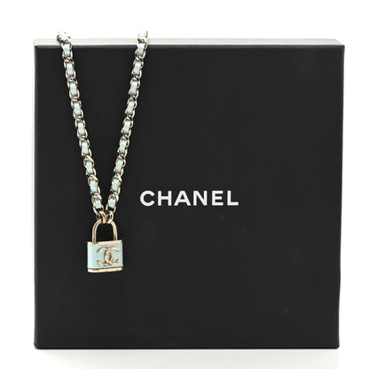 Chanel Calfskin Metal Padlock Necklace Gold Iridescent Blue 7 of 7