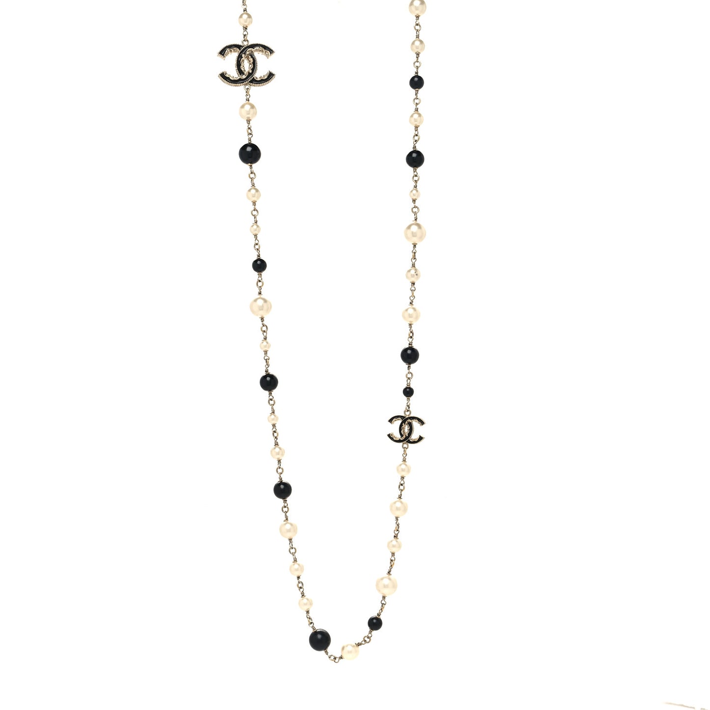 Pearl Beaded Crystal CC Long Necklace Gold Black White