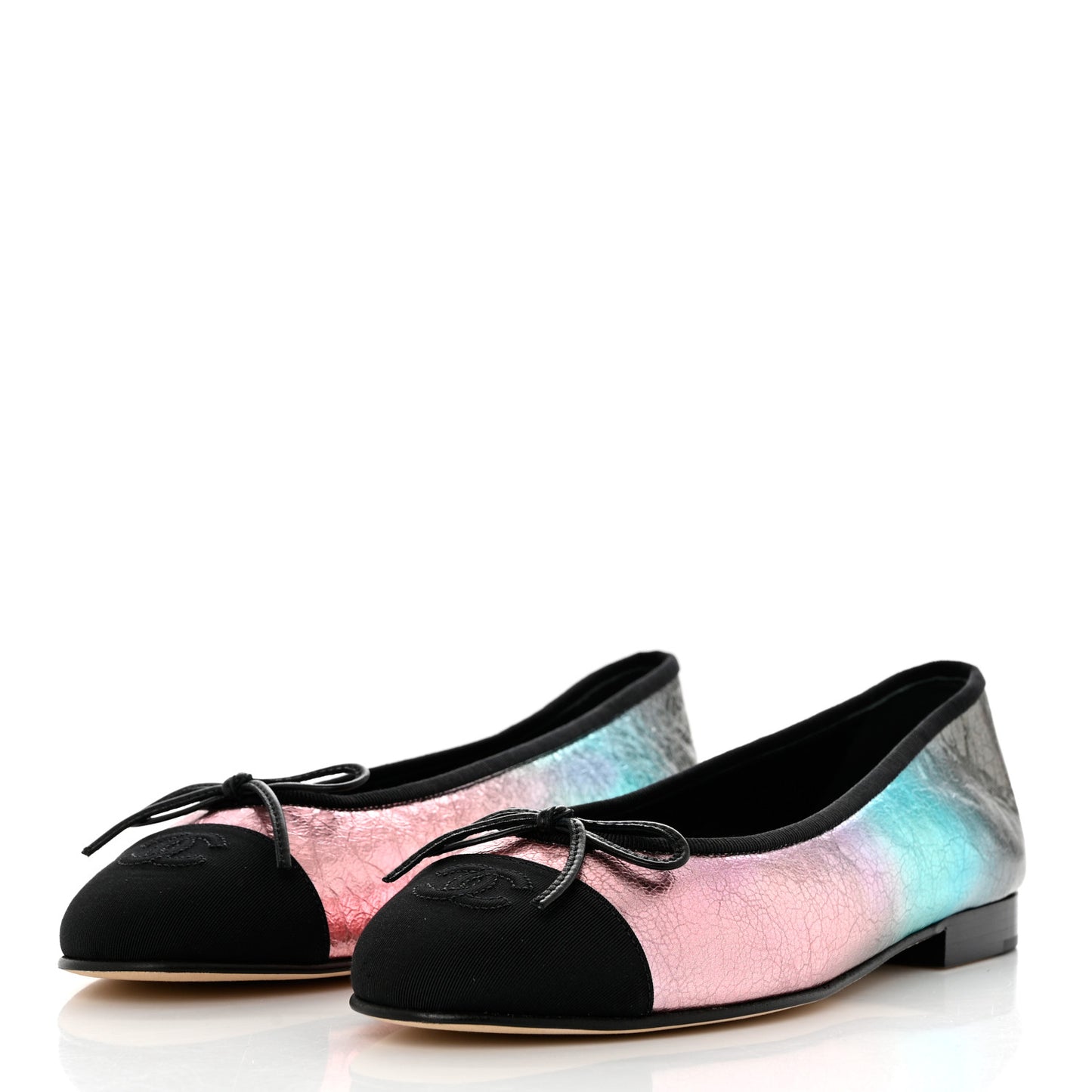 Laminated Calfskin Grosgrain Cap Toe CC Ballerina Flats 38.5 Multicolor Black