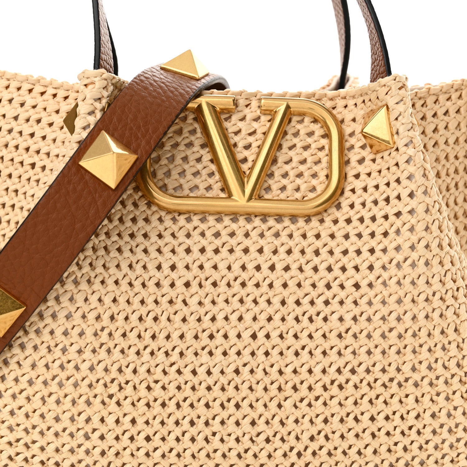 Valentino Garavani Raffia Grained Calfskin Small Rockstud Vlogo Tote Naturale 7 of 9
