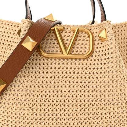 Valentino Garavani Raffia Grained Calfskin Small Rockstud Vlogo Tote Naturale 7 of 9