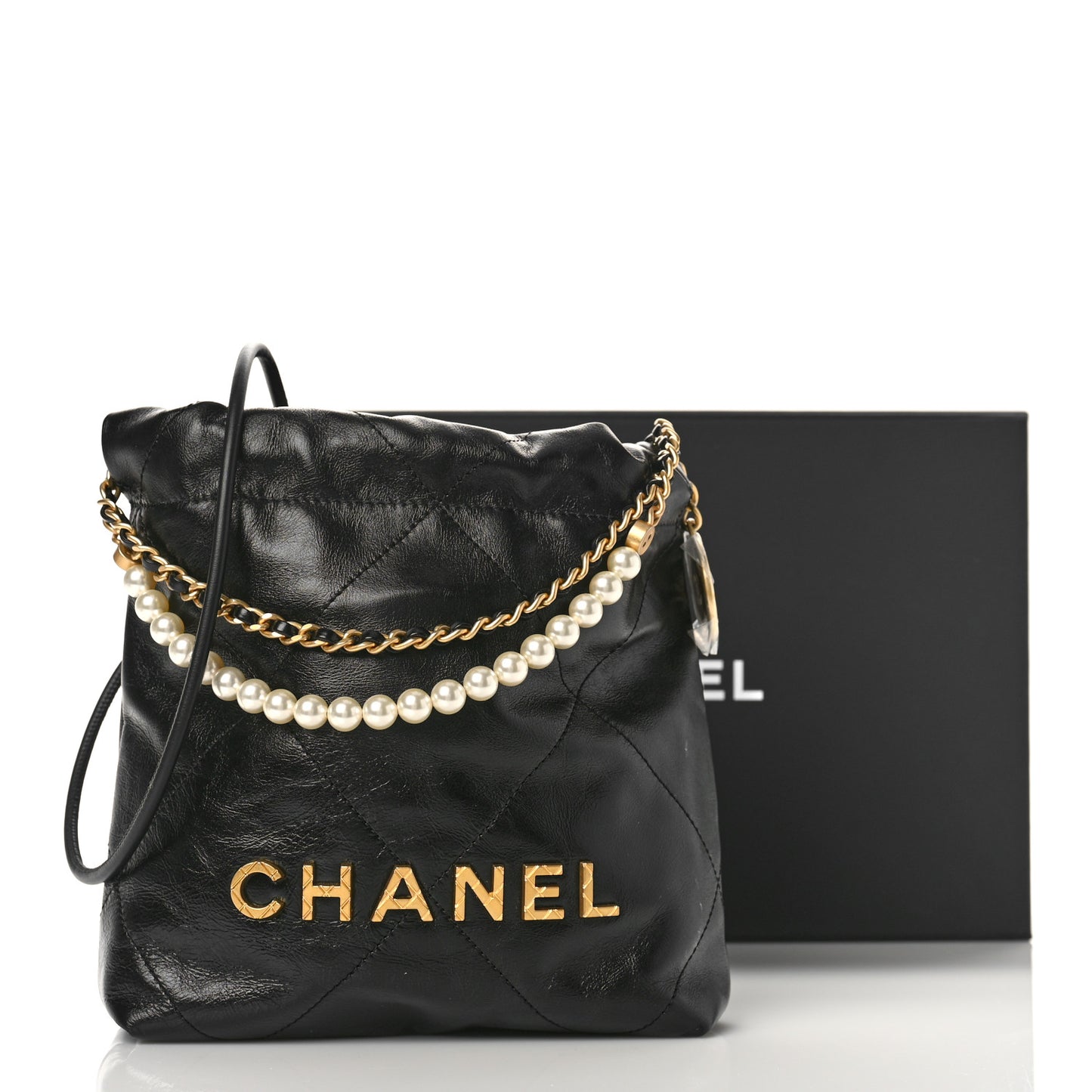 Shiny Crumpled Calfskin Quilted Pearl Mini Chanel 22 Black