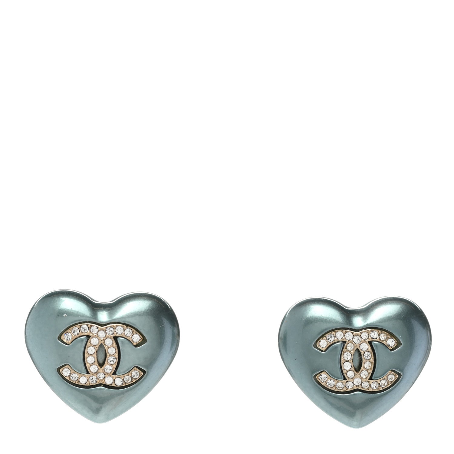 Chanel Pearl Crystal CC Heart Earrings Blue Gold 1 of 5