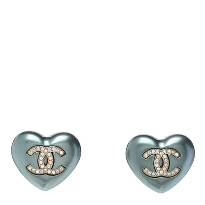 Chanel Pearl Crystal CC Heart Earrings Blue Gold 1 of 5