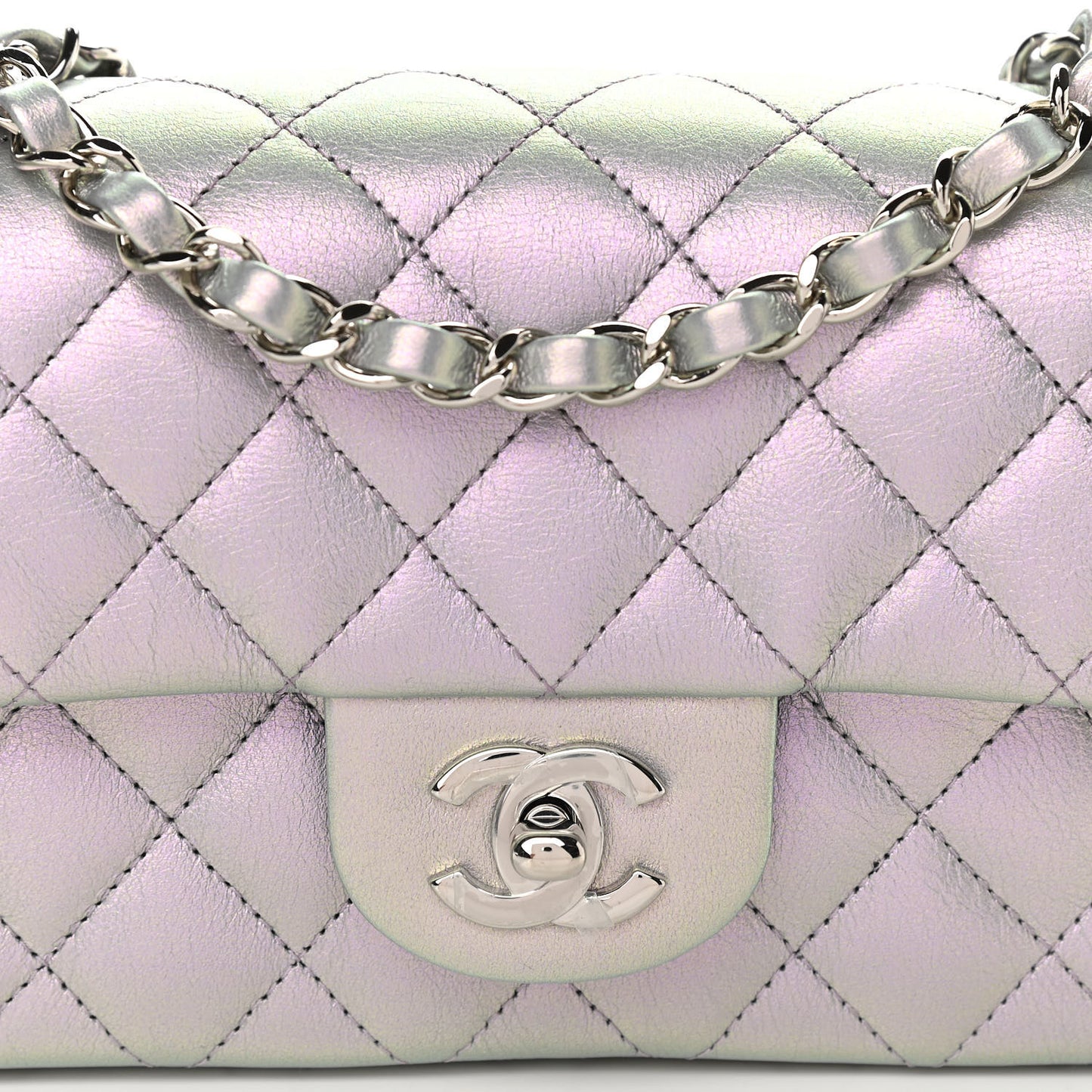 Iridescent Calfskin Quilted Mini Rectangular Flap Light Purple