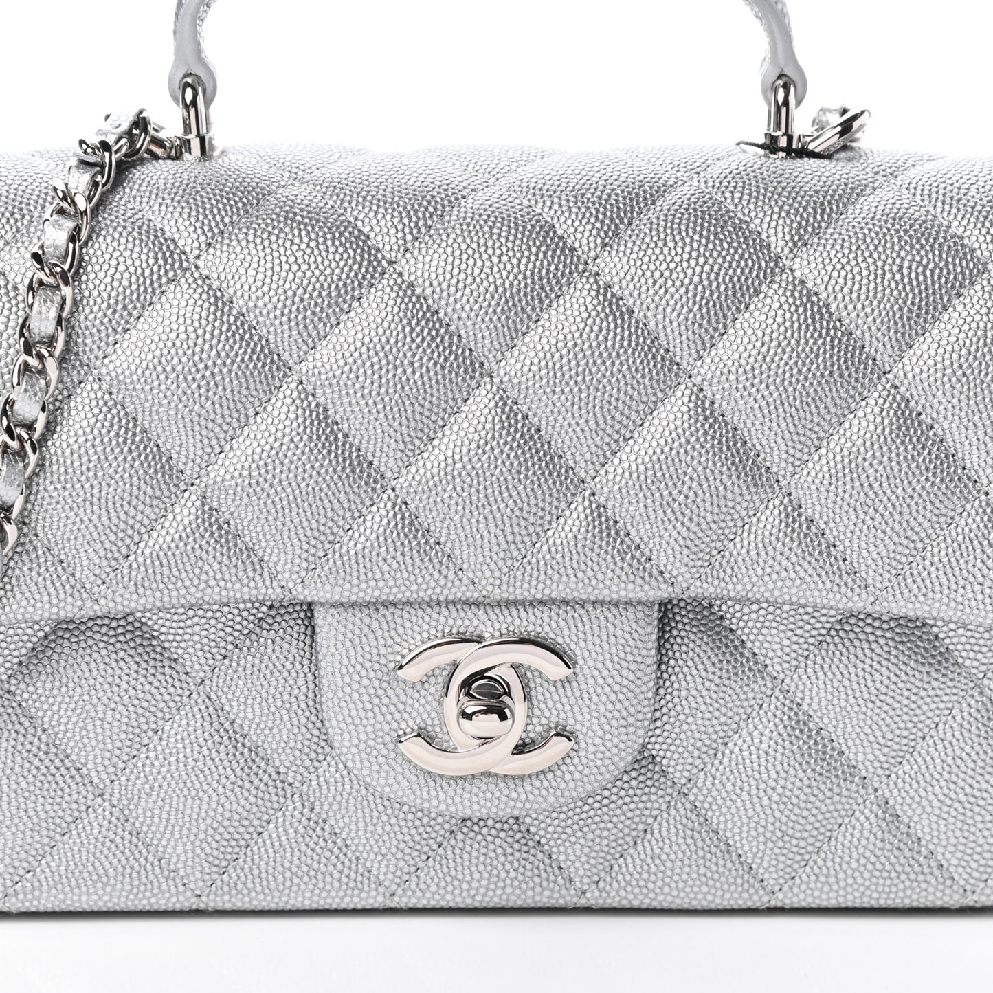 Metallic Caviar Quilted Mini Top Handle Rectangular Flap Silver