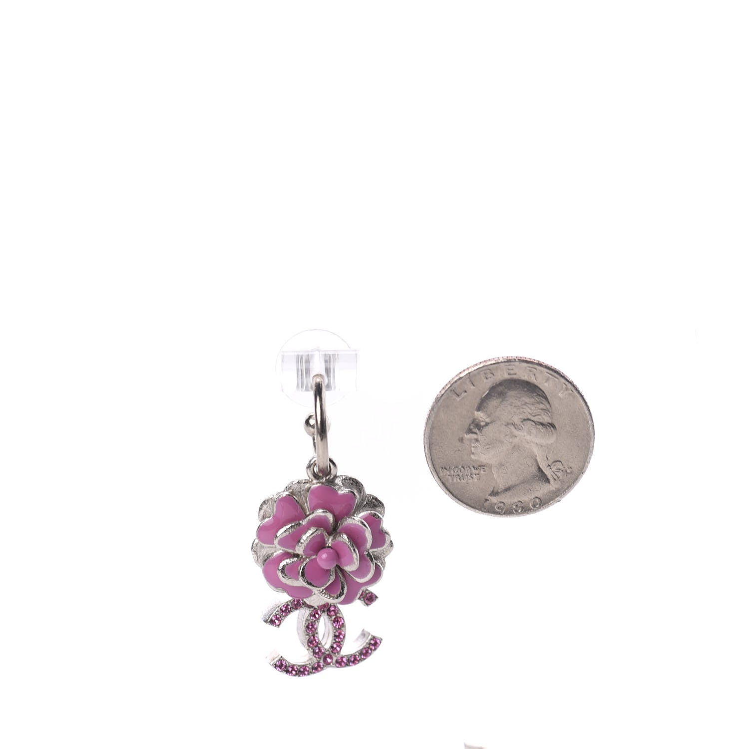 Chanel Enamel Crystal Flower CC Drop Earrings Silver Pink 2 of 5