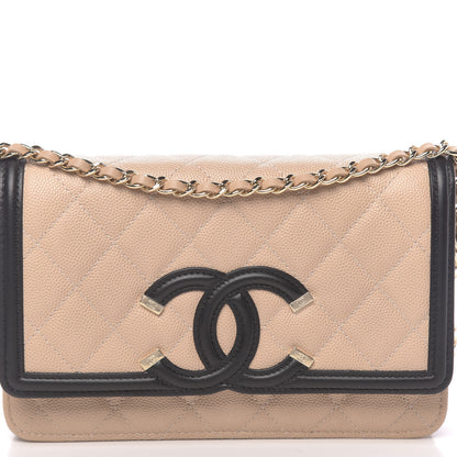 Chanel Caviar Quilted CC Filigree Wallet On Chain WOC Beige Black 9 of 11