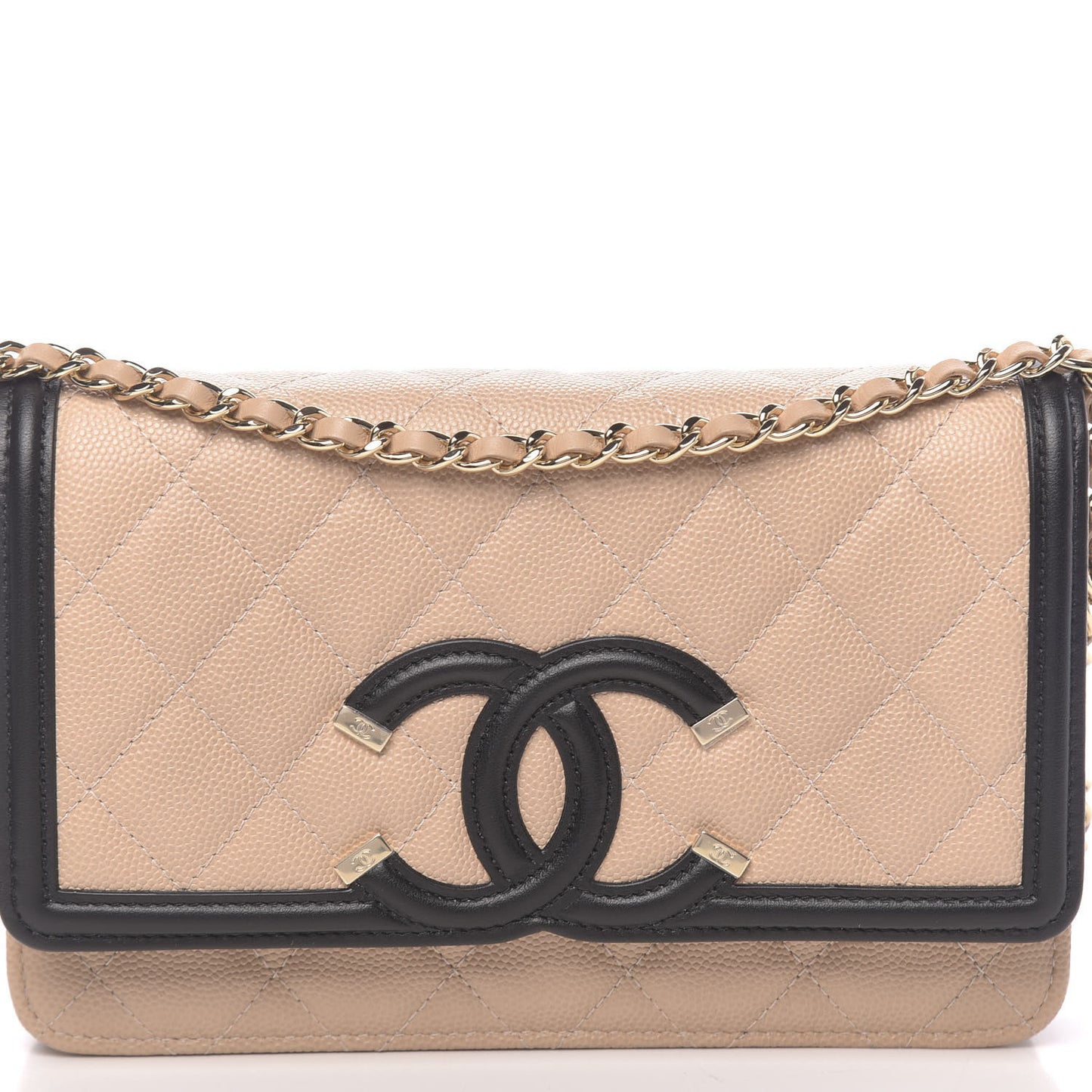 Caviar Quilted CC Filigree Wallet On Chain WOC Beige Black