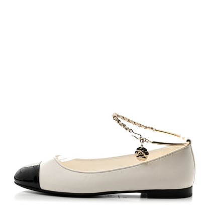 Chanel Lambskin Patent Calfskin Cap Toe Ankle Chain Ballerina Flats 37 White Black 1 of 9