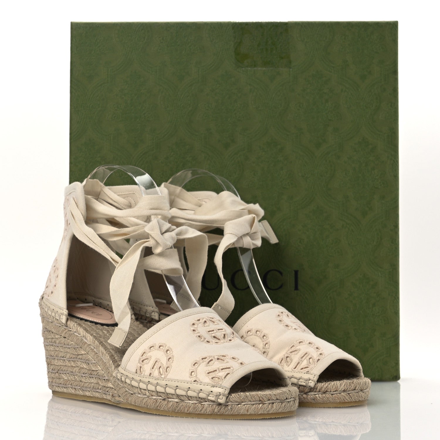 Gucci Canvas Damita GG Eyelet Espadrille Wedge Sandals 37 Ivory 12 of 12
