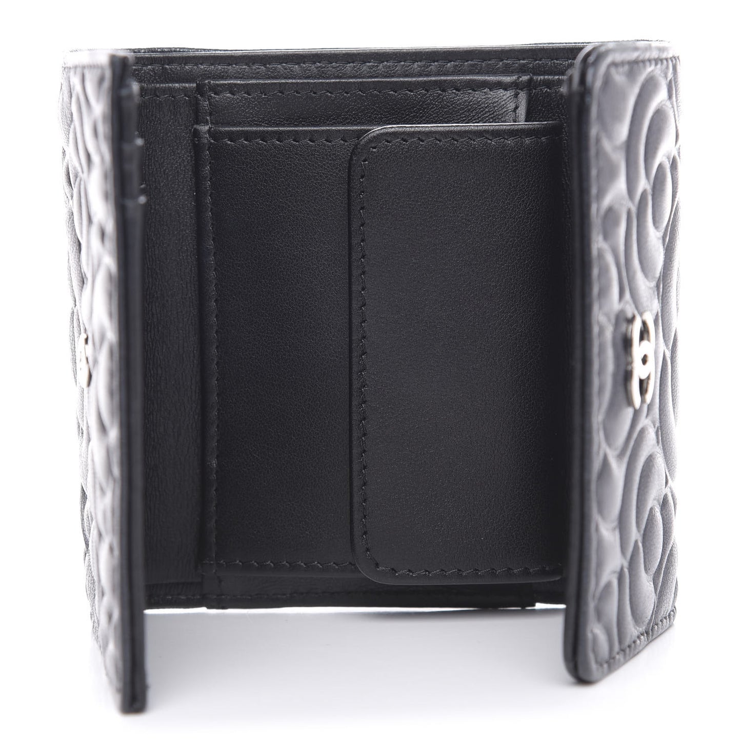 Goatskin Camellia Embossed Compact Wallet Black