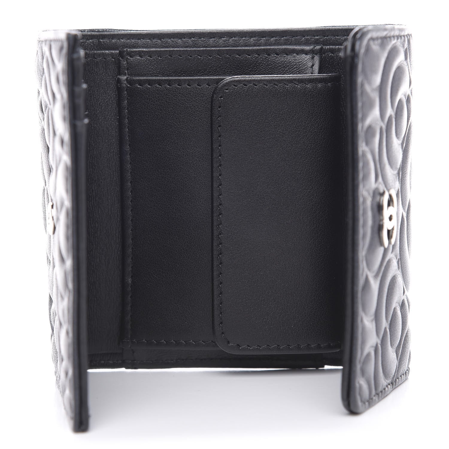 Chanel Goatskin Camellia Embossed Compact Wallet Black 5 of 10