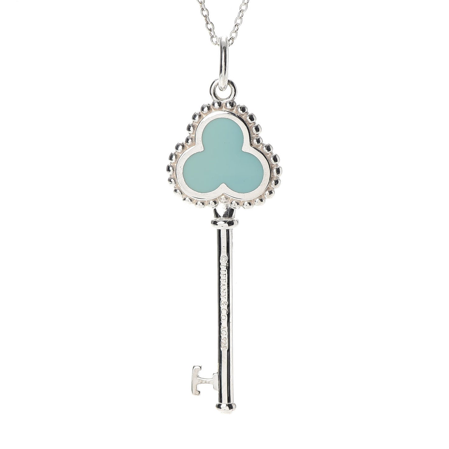 Sterling Silver Enamel Beaded Trefoil Key Pendant Necklace Blue