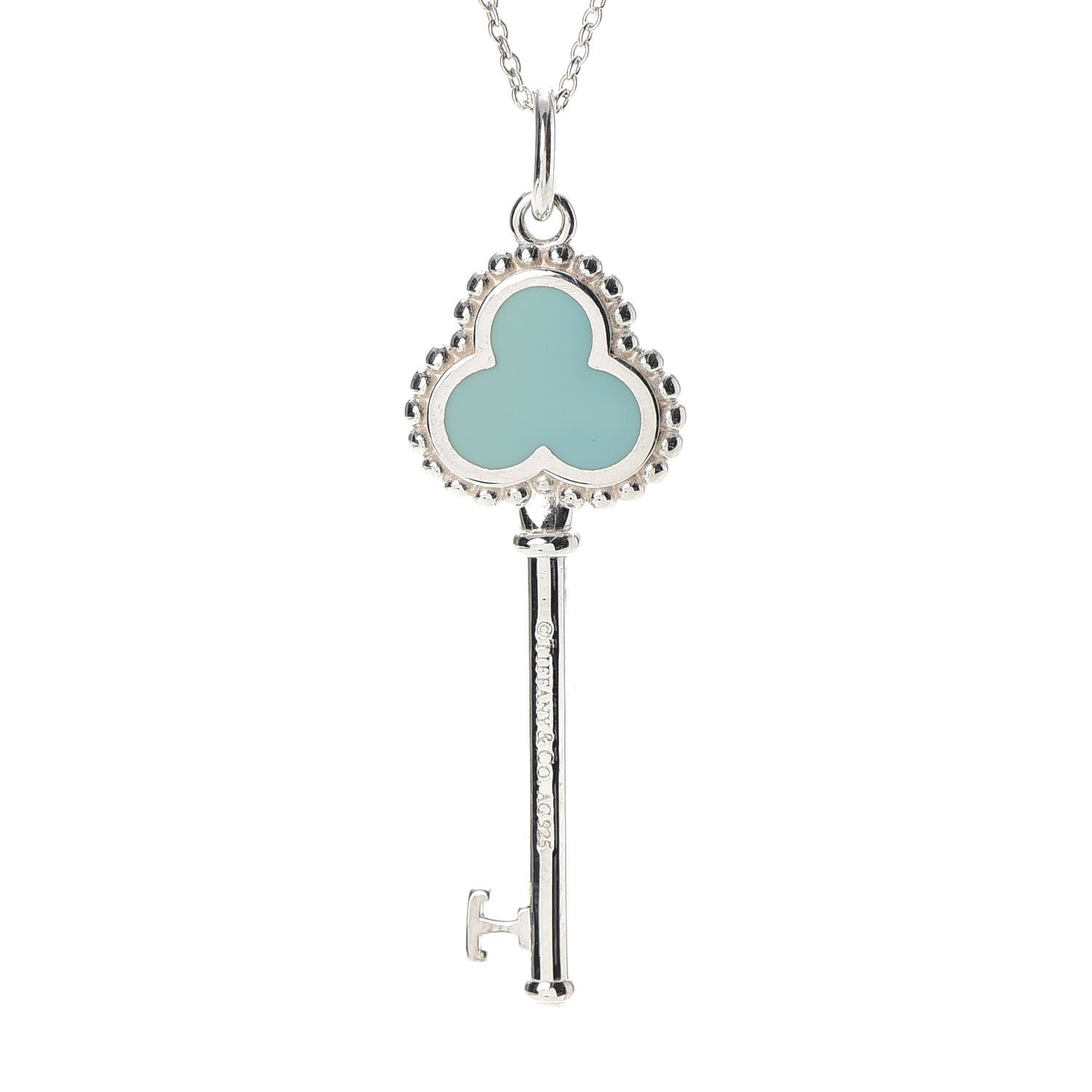 Tiffany Sterling Silver Enamel Beaded Trefoil Key Pendant Necklace Blue 4 of 7