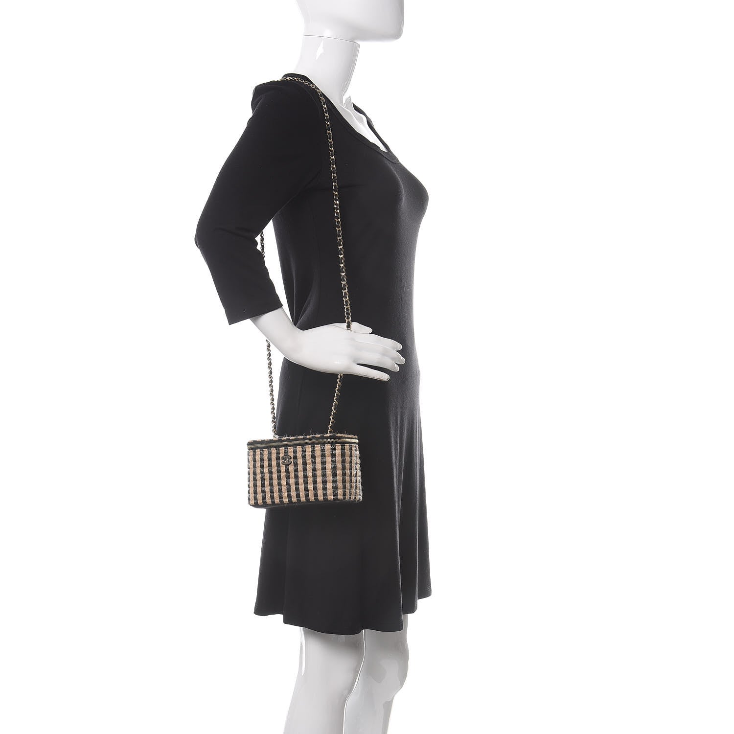 Chanel Raffia Jute Striped Small Vanity Case With Chain Black Beige 2 of 10