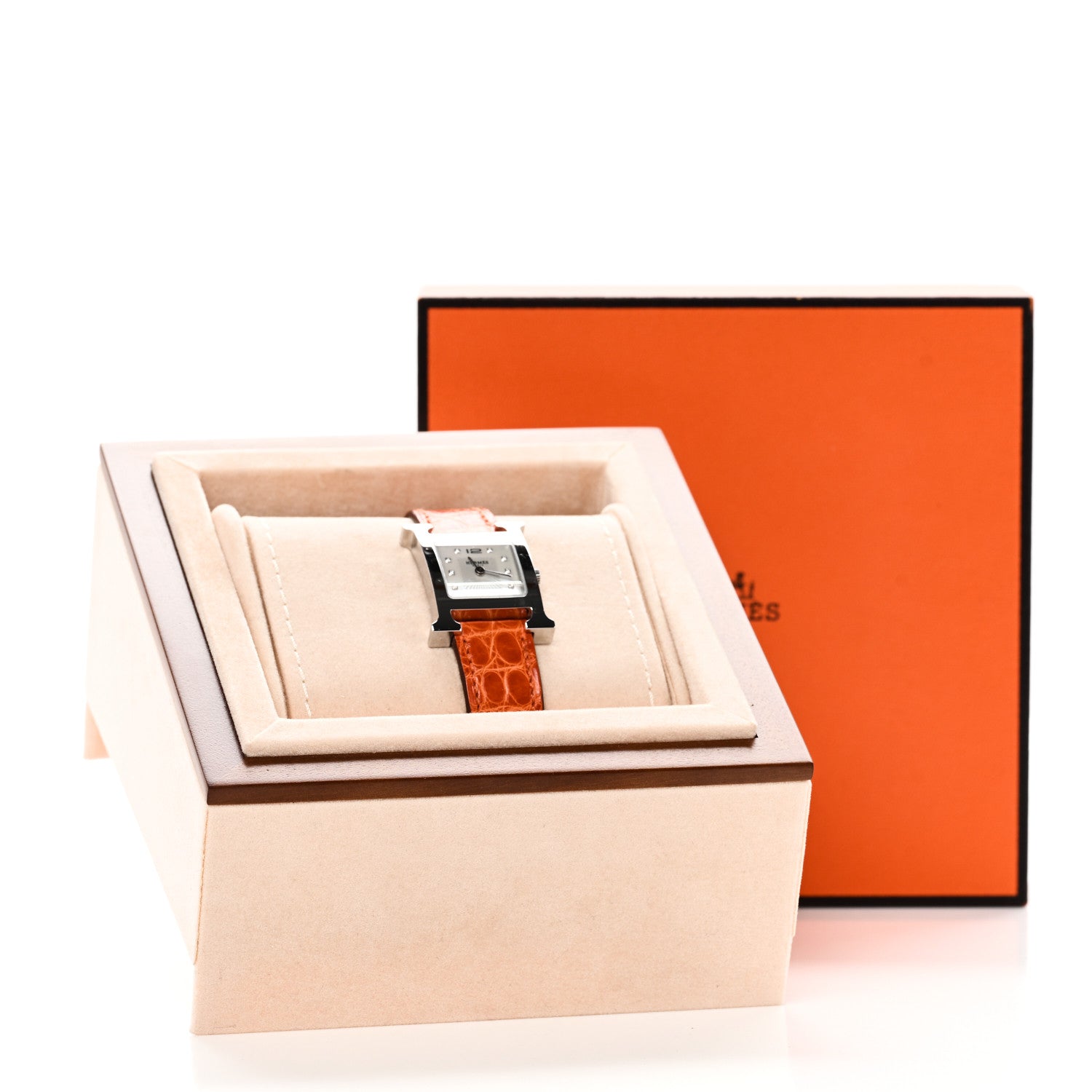 Hermes Stainless Steel Alligator Diamond Mother of Pearl 21mm Heure H Hour Quartz Watch Orange 5 of 5