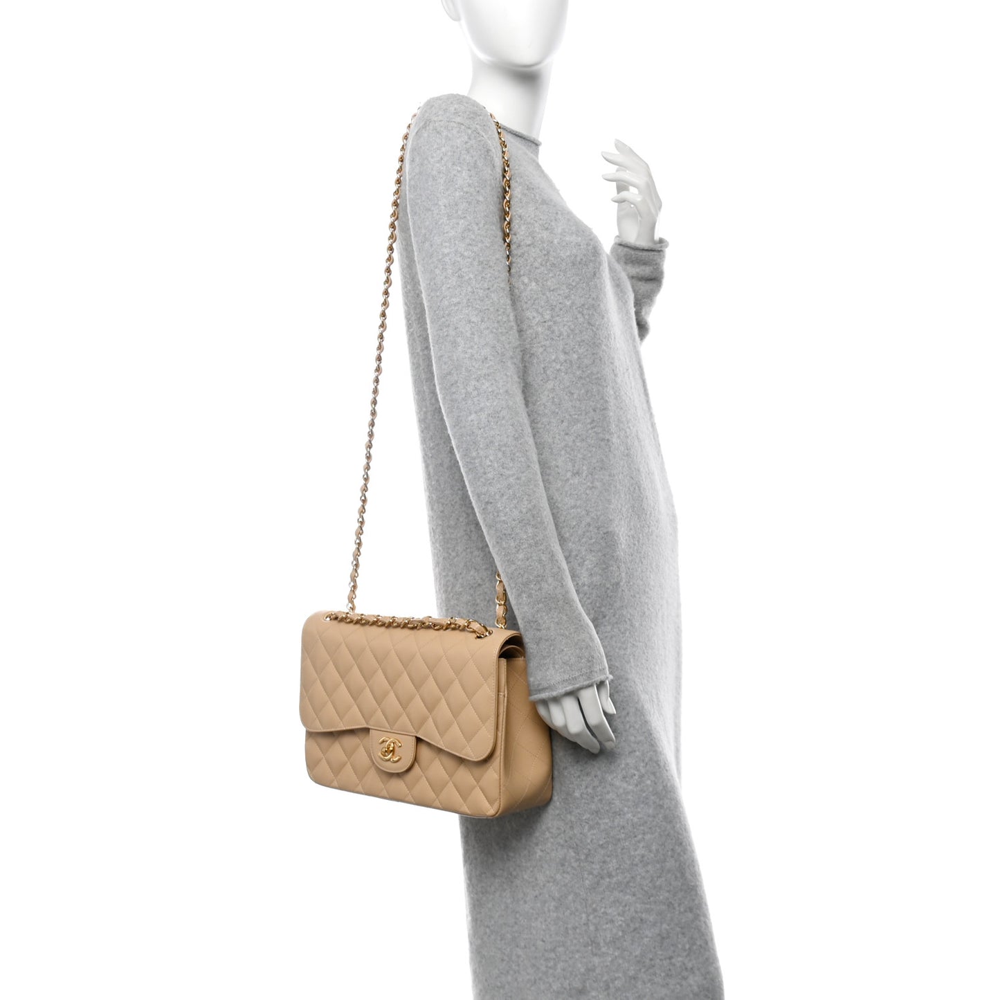 Caviar Quilted Jumbo Double Flap Beige