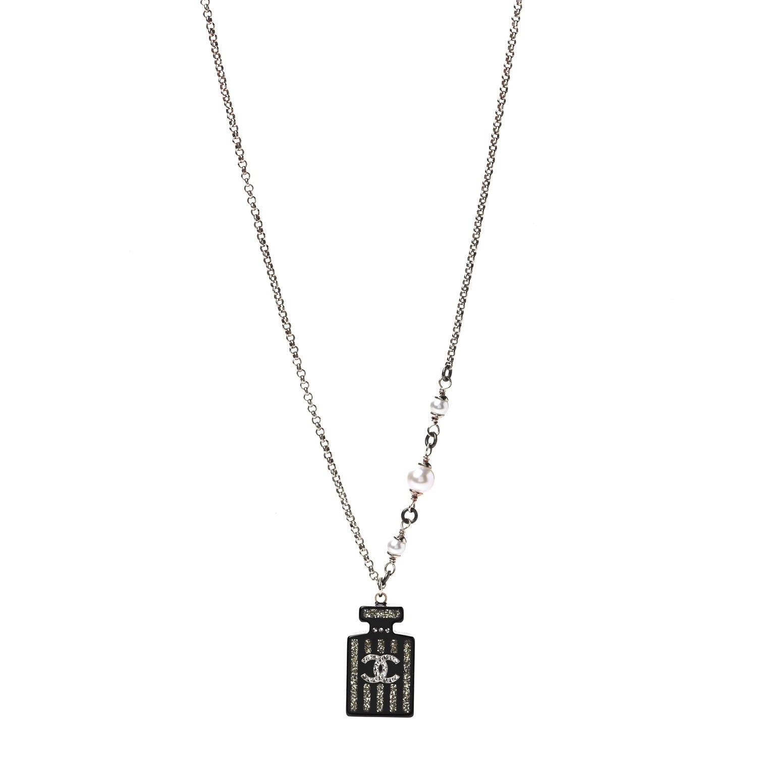 Chanel Resin Strass Perfume Bottle CC Necklace Black Gold 1 of 5