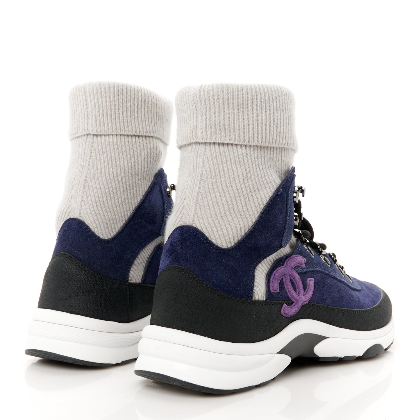Suede Calfskin Knit CC Sneakers 38 Dark Blue Light Grey