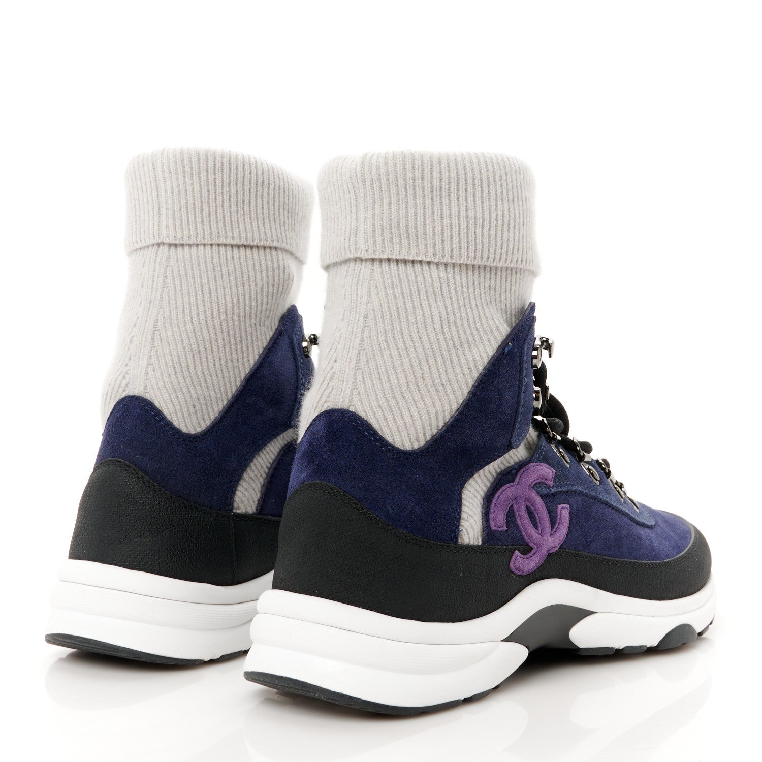 Chanel Suede Calfskin Knit CC Sneakers 38 Dark Blue Light Grey 5 of 10