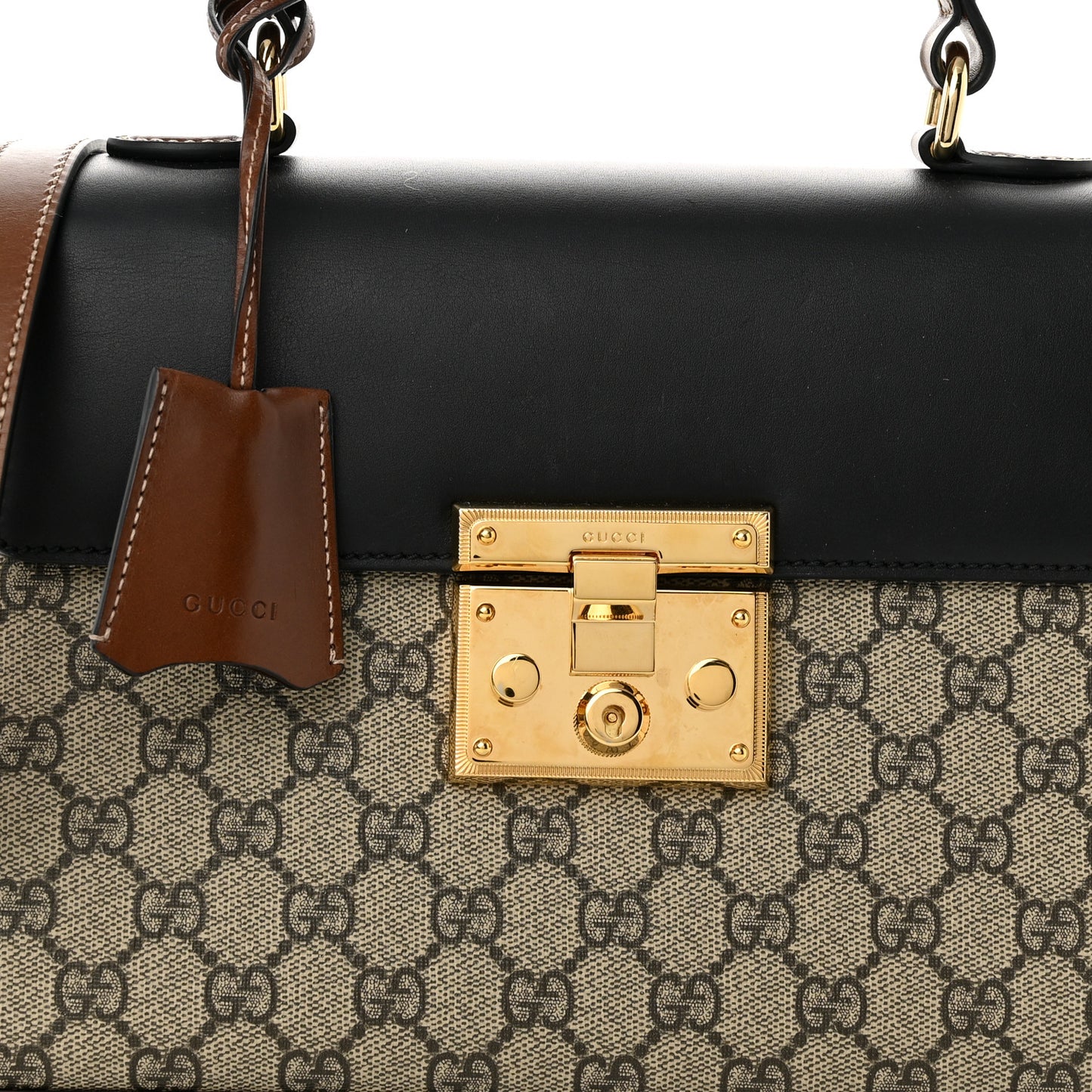 GG Supreme Monogram Calfskin Small Padlock Top Handle Bag Beige Black Cuir