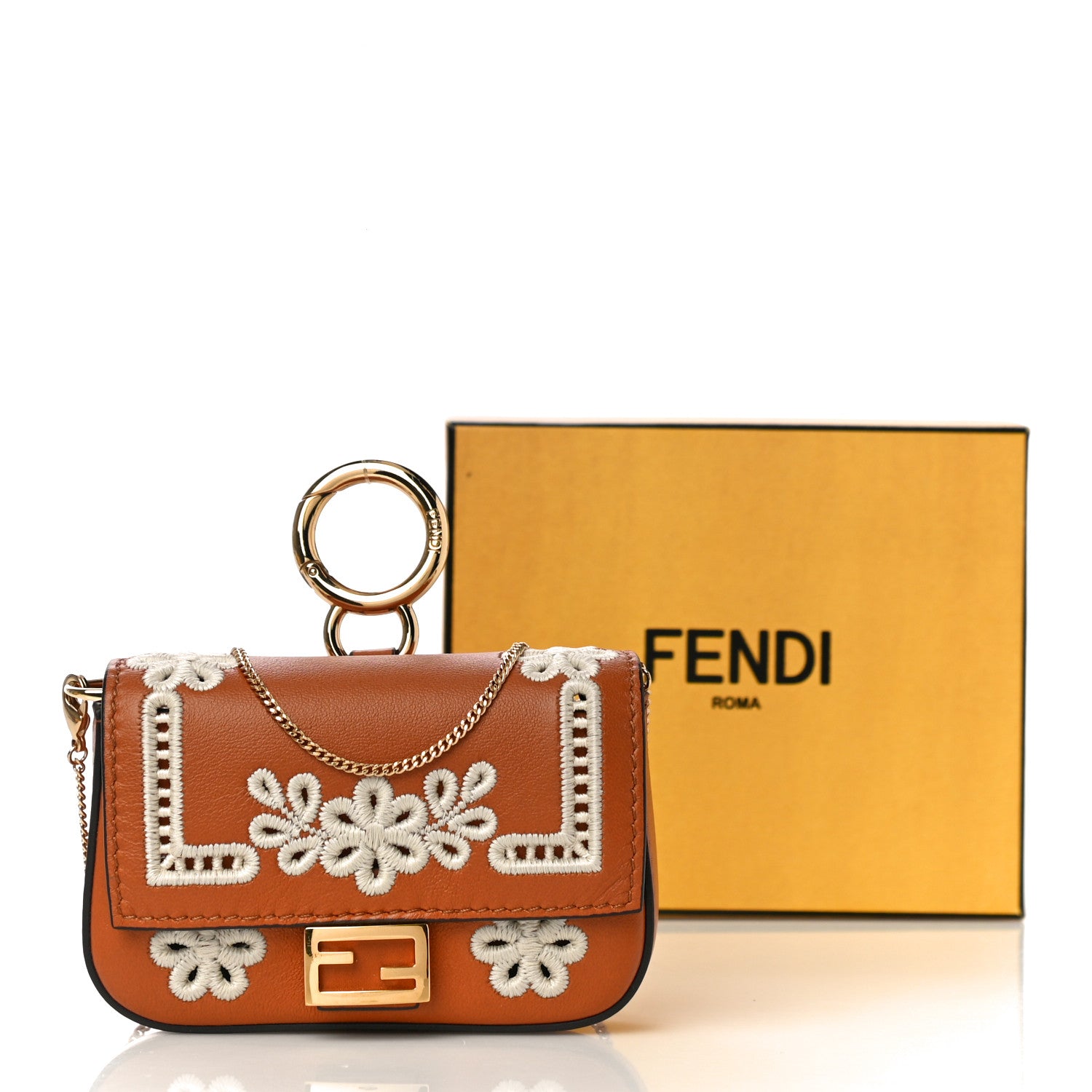 Fendi Shiny Nappa Vitello King Floral Ajour Embroidered Nano Baguette Charm Brandy 10 of 10