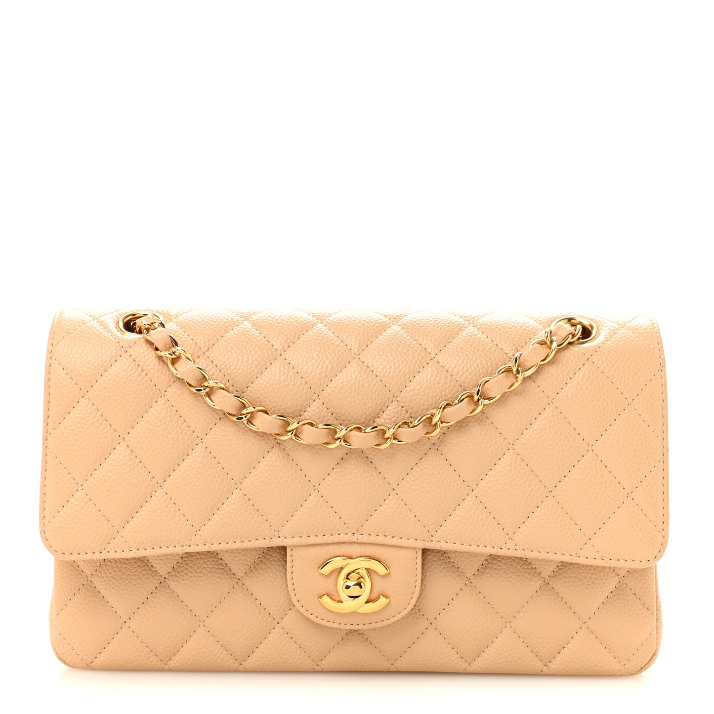 Caviar Quilted Medium Double Flap Beige