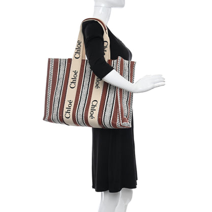 Chloe Woven Linen Large Woody Striped Ribbon Tote Sepia Brown 2 of 8