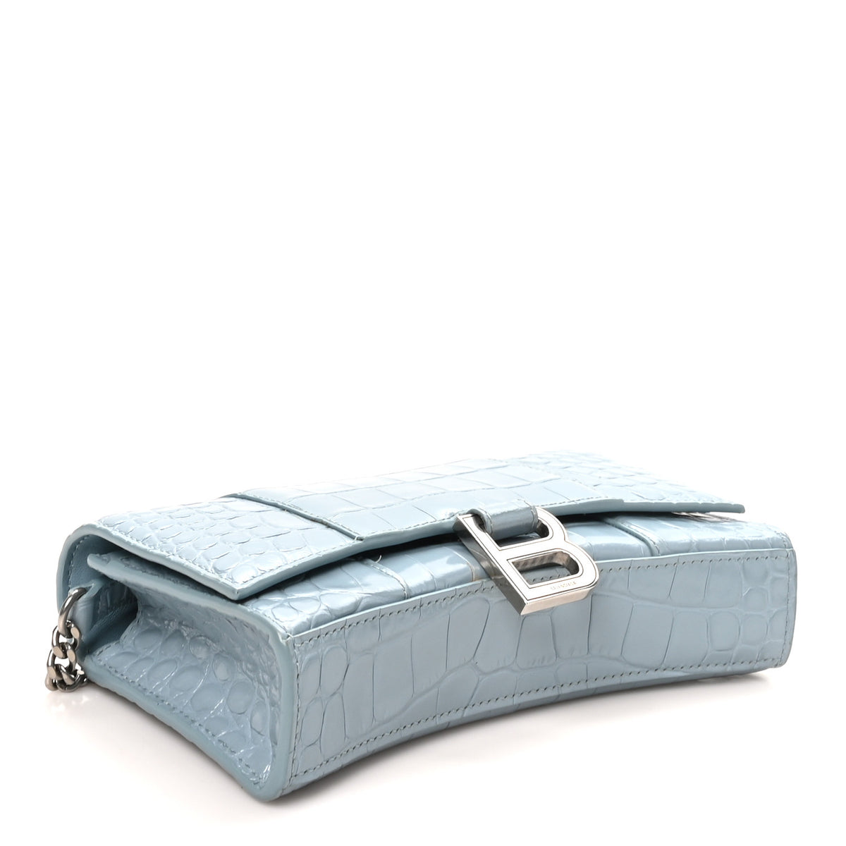 Balenciaga Shiny Calfskin Crocodile Embossed Hourglass Chain Bag Blue Grey 4 of 9