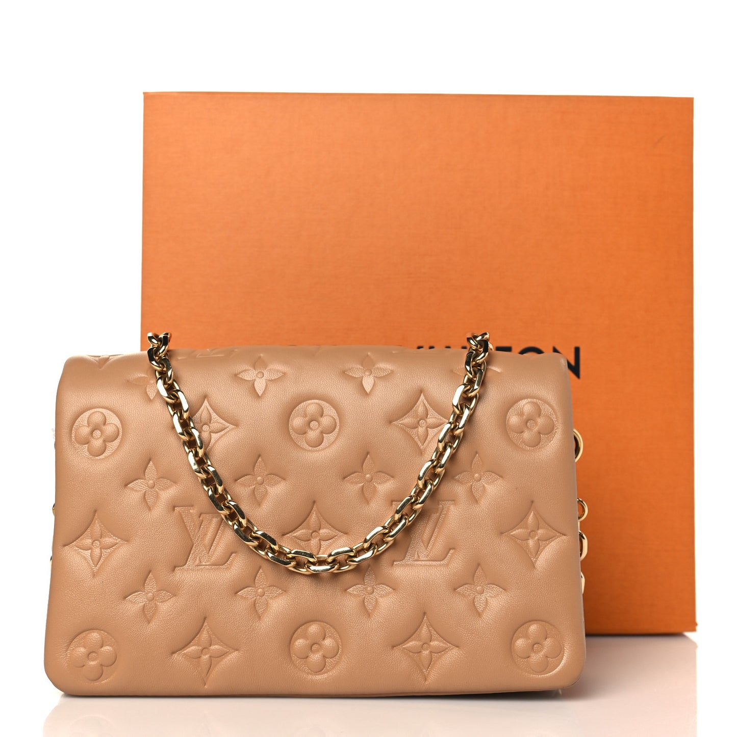Lambskin Embossed Monogram Pochette Coussin Camel