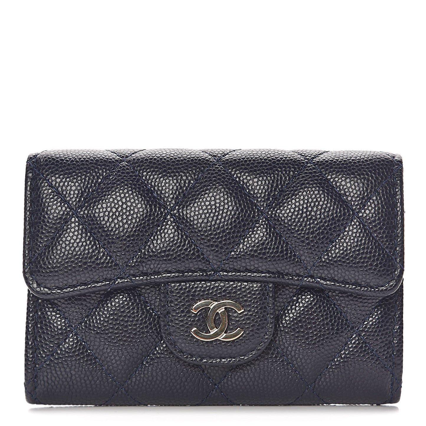 Caviar Quilted Flap Card Holder Wallet Navy Blue