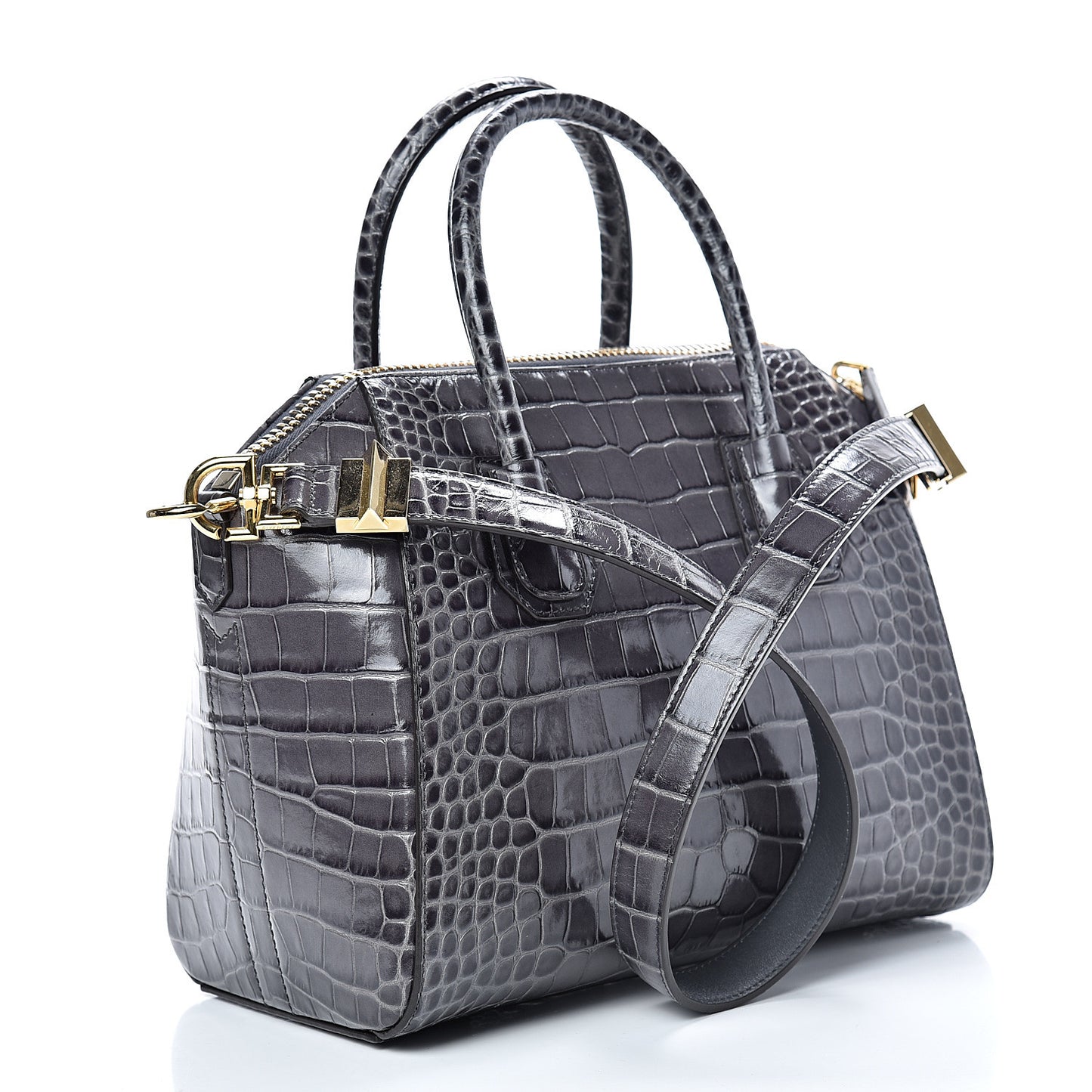 Calfskin Crocodile Embossed Small Antigona Storm Grey