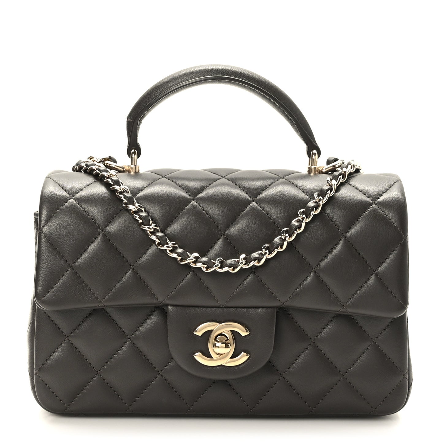 Lambskin Quilted Mini Top Handle Rectangular Flap Dark Brown