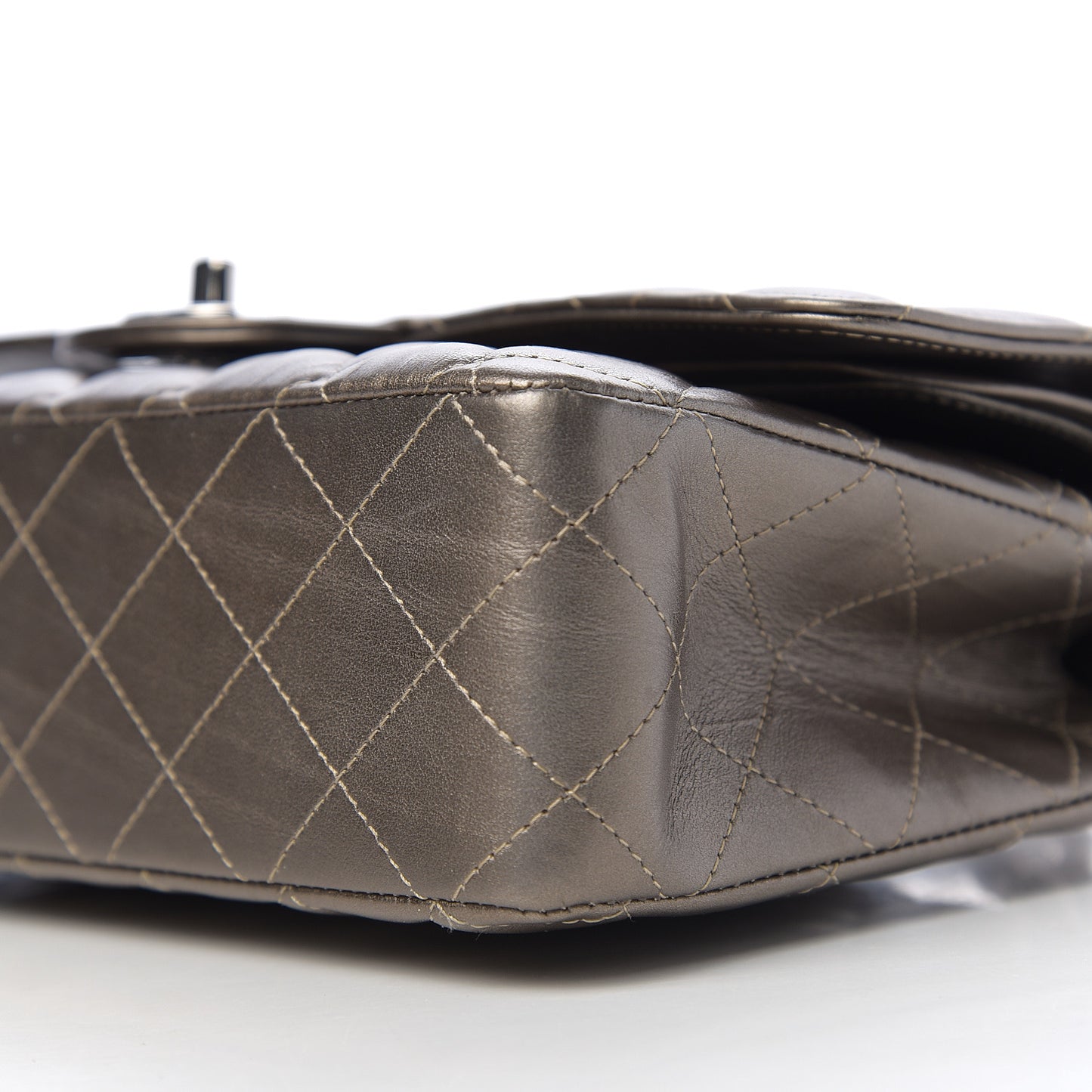 Metallic Calfskin Quilted Medium Double Flap Dark Silver