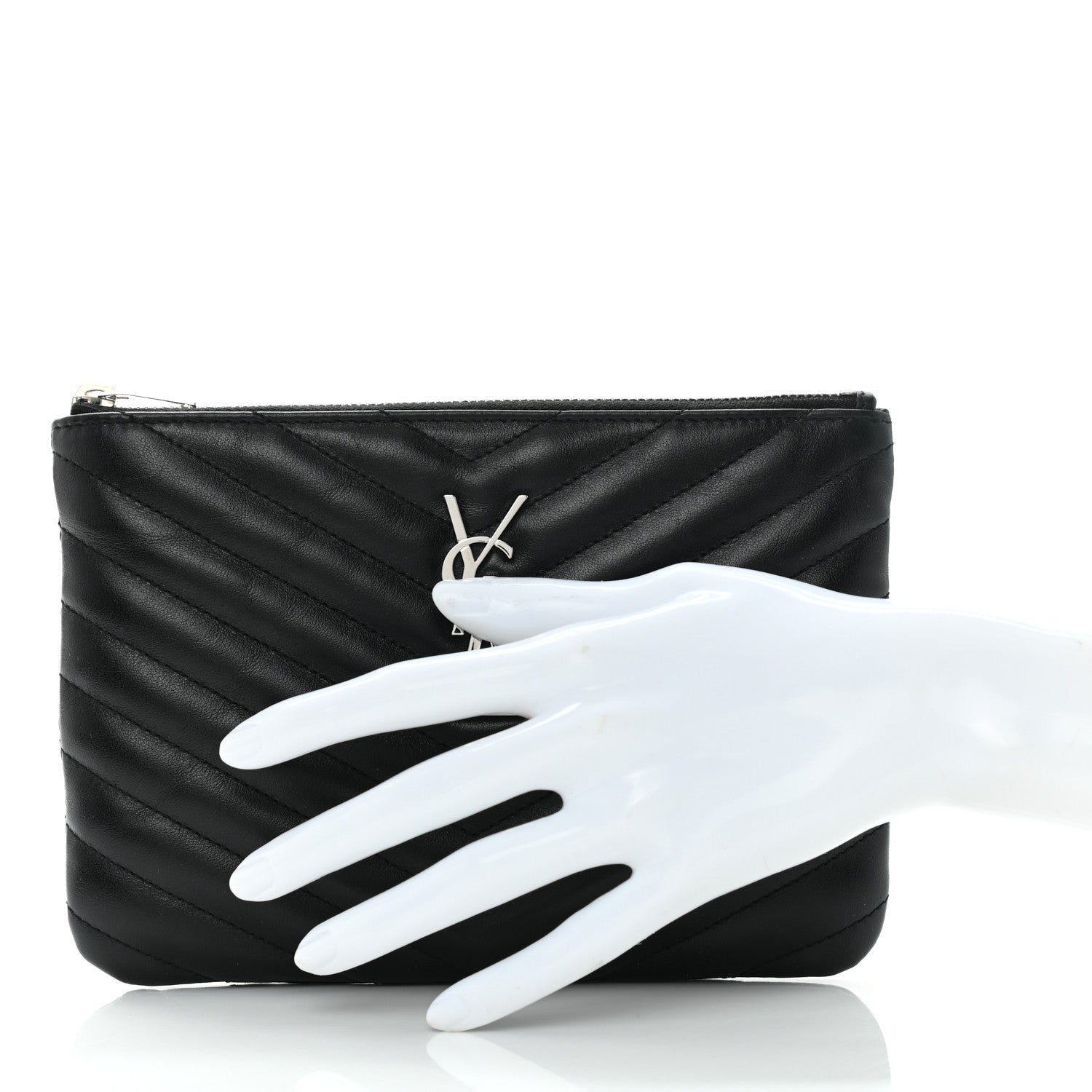 Saint Laurent Calfskin Matelasse Chevron Monogram Pouch Black 2 of 10