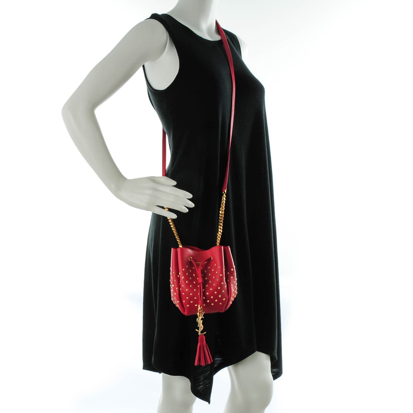 Calfskin Star Studded Small Monogram Bucket Bag Red