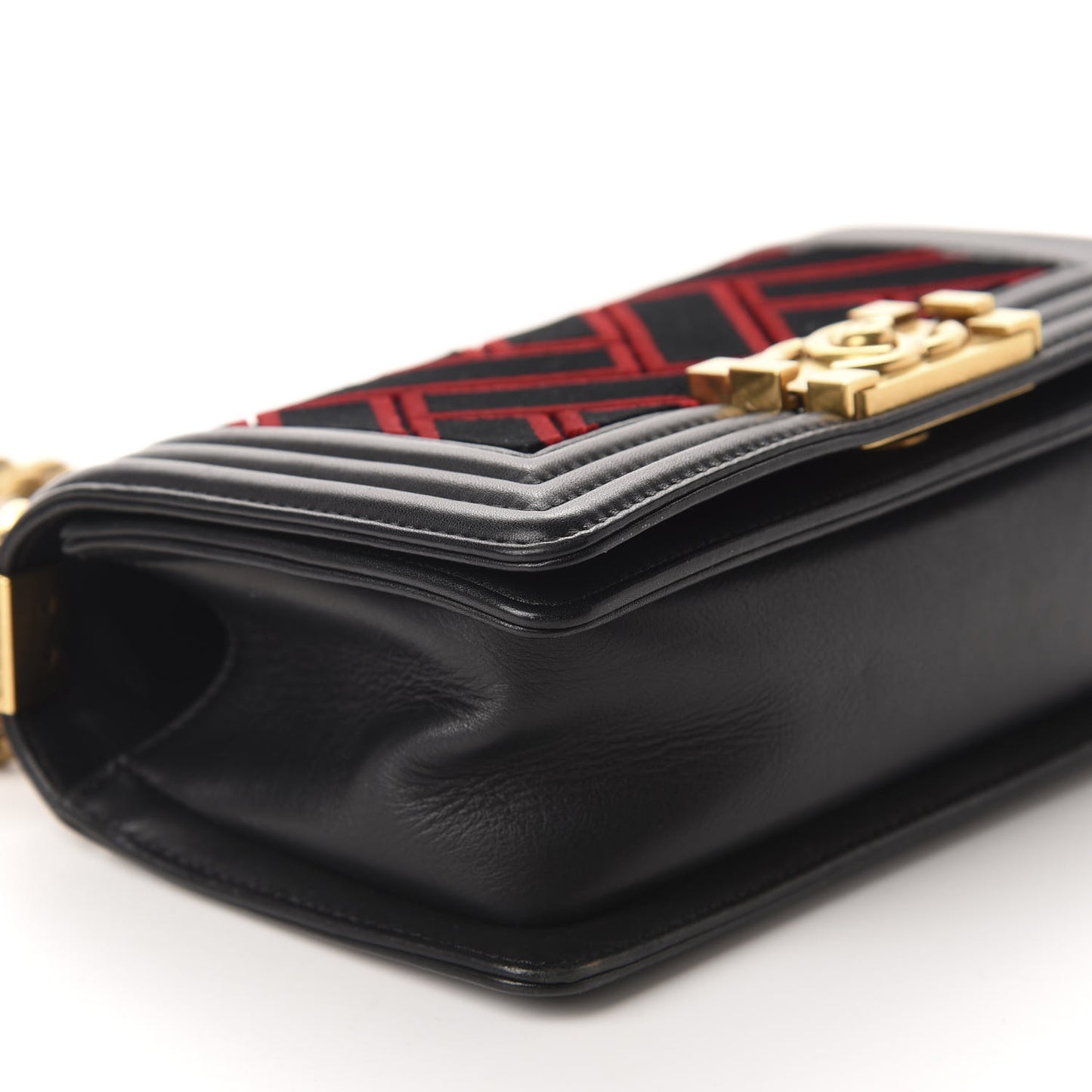 Calfskin Velvet Small Boy Flap Black Red