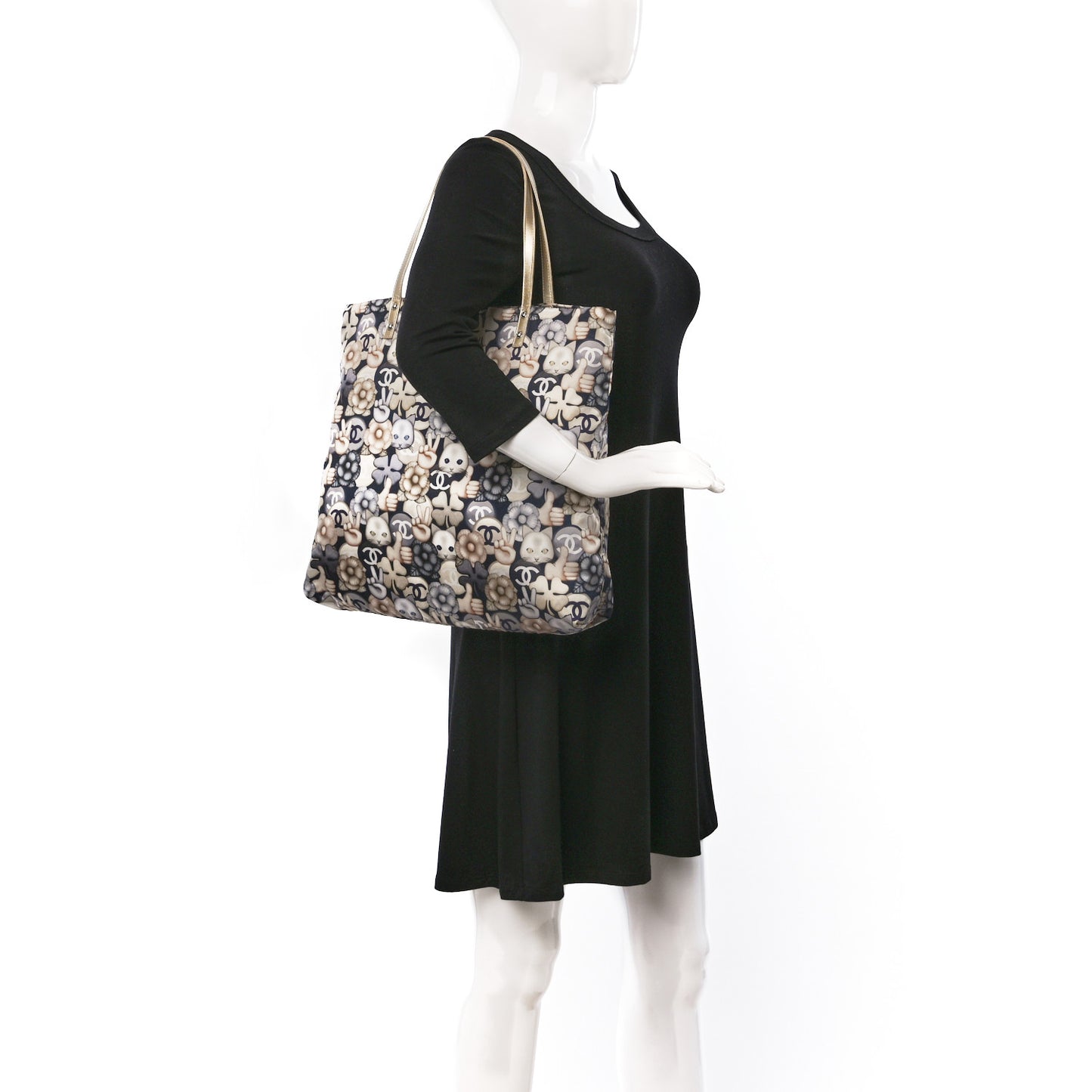 Nylon Cat Emoticon Tote Navy Gold
