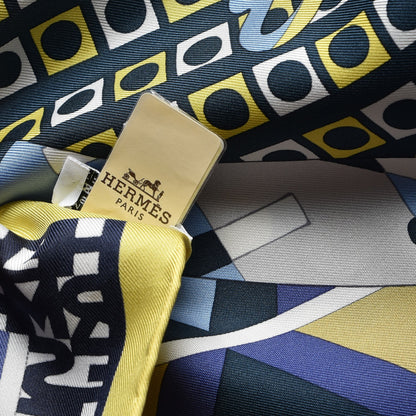 Hermes Silk Ex-Libris En Cravates 90 Scarf Jaune Marine Ciel 6 of 6