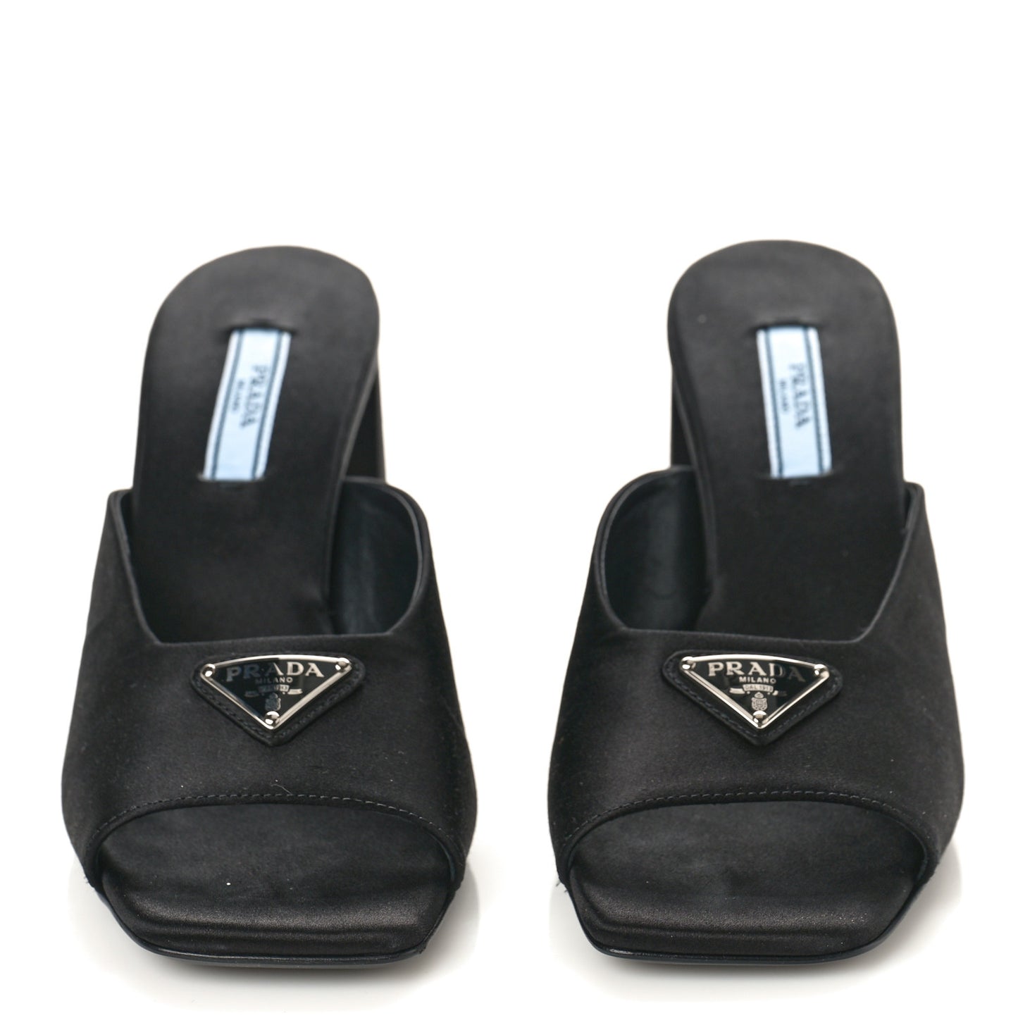 Satin Metal Triangle Logo 85mm Slide Sandals 37 Black