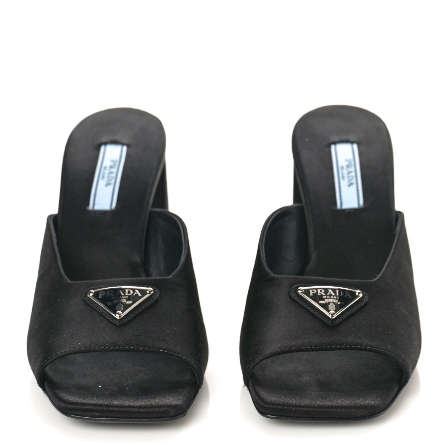 Prada Satin Metal Triangle Logo 85mm Slide Sandals 37 Black 2 of 9