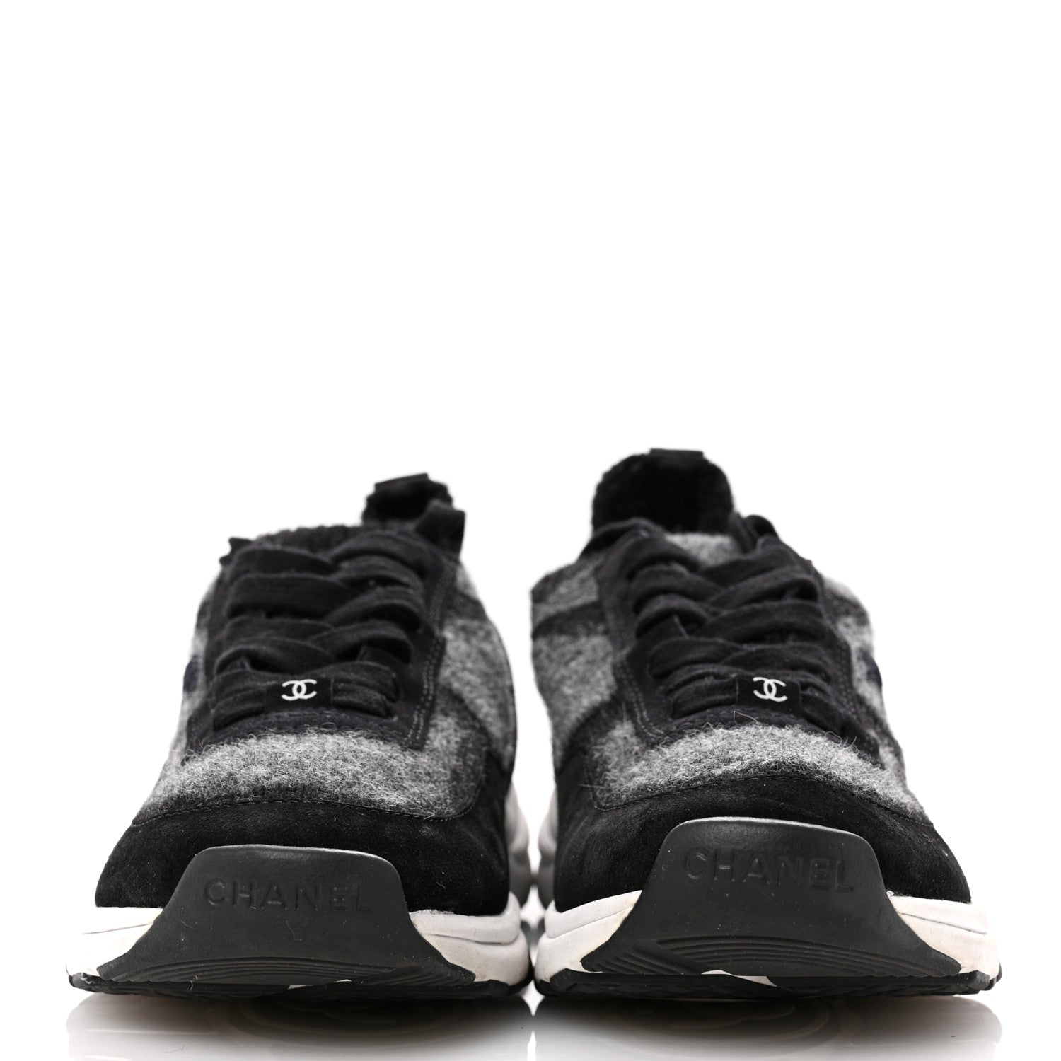 Chanel Fabric Suede Calfskin Womens CC Sneakers 38.5 Black Grey 3 of 11