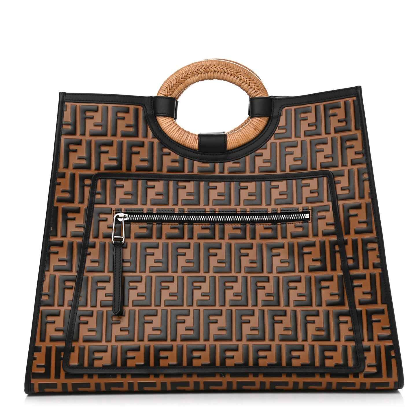 Vitello Century Wicker FF Embossed Large Runaway Shopper Tote Tobacco Black