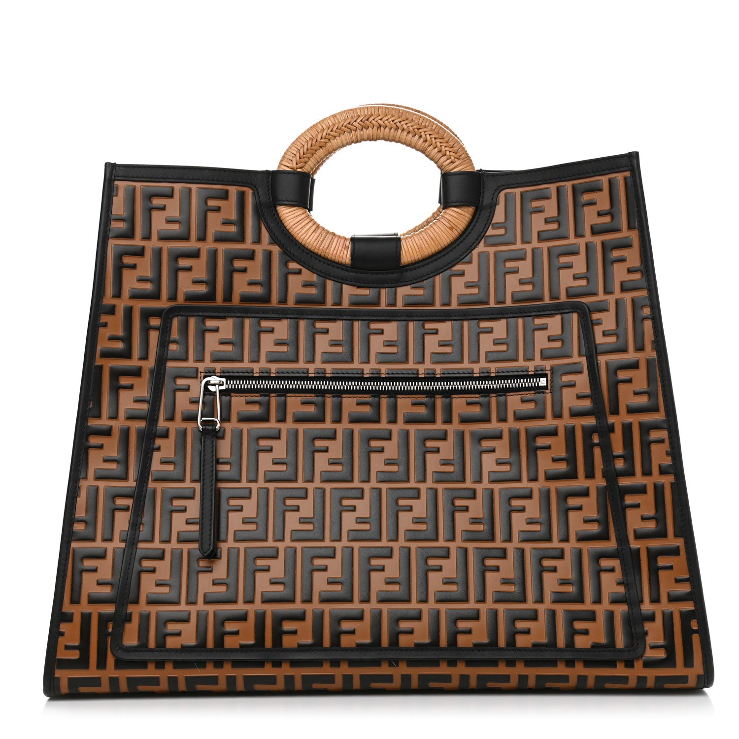 Fendi Vitello Century Wicker FF Embossed Large Runaway Shopper Tote Tobacco Black 1 of 11