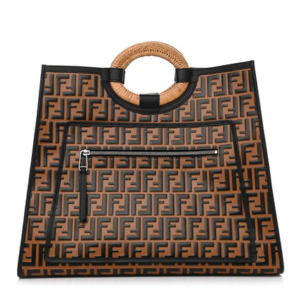 Fendi Vitello Century Wicker FF Embossed Large Runaway Shopper Tote Tobacco Black 1 of 11