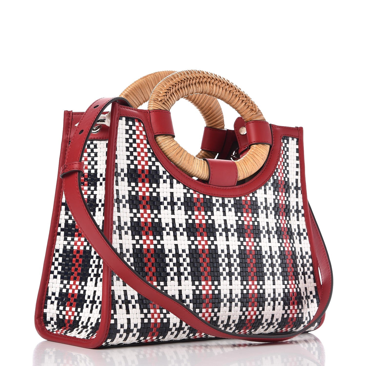Fendi Vitello Century Wicker Tartan Plaid Woven Small Runaway Shopper Tote White Blue Fragola 3 of 7
