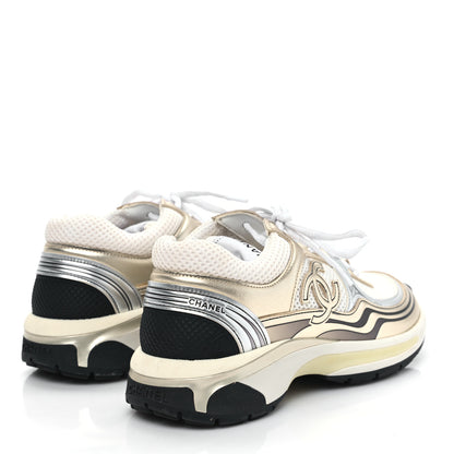 Chanel Fabric Laminated Calfskin Stretch CC Sneakers 36.5 White Gold Silver 4 of 8